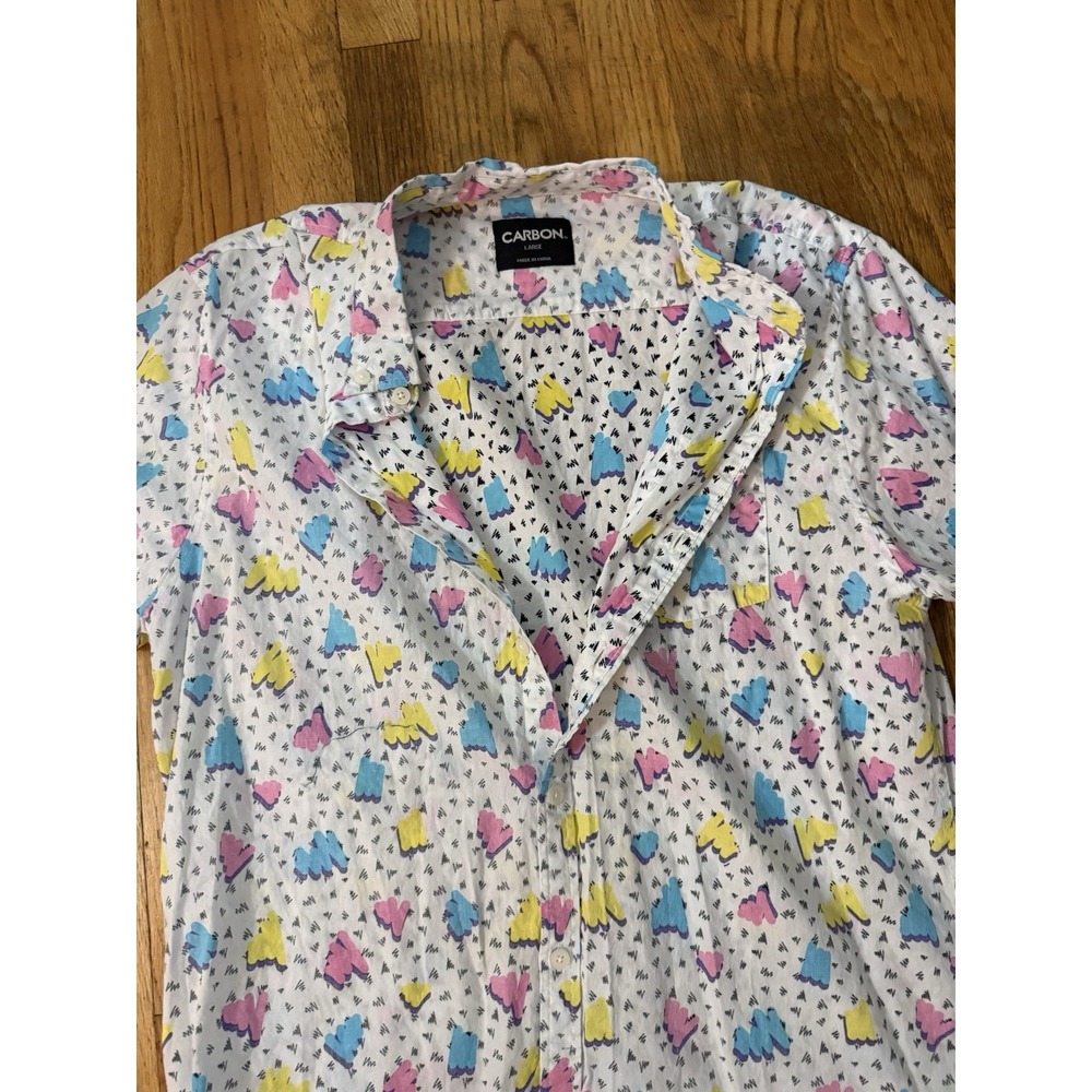 Carbon Men's L Button Up Shirt 80s/90s Style Geometric Abstract Retro Print SS - Picture 4 of 6